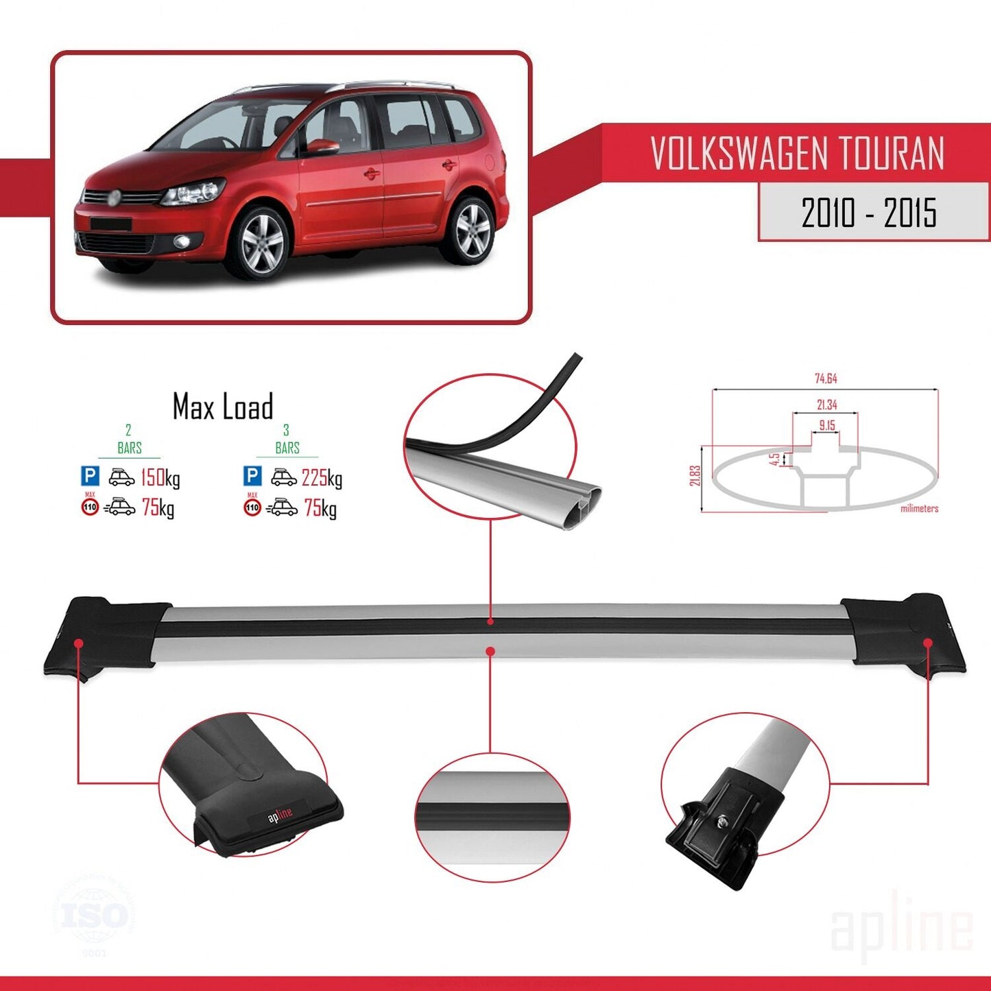 Compatible with Volkswagen Touran (1T) Post-Facelift 2010-2015 FLY Model Car Roof Rack Cross Bar Grey Aluminium 2 Bars