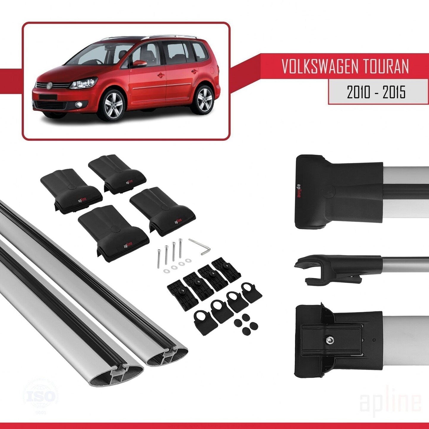 Compatible with Volkswagen Touran (1T) Post-Facelift 2010-2015 FLY Model Car Roof Rack Cross Bar Grey Aluminium 2 Bars