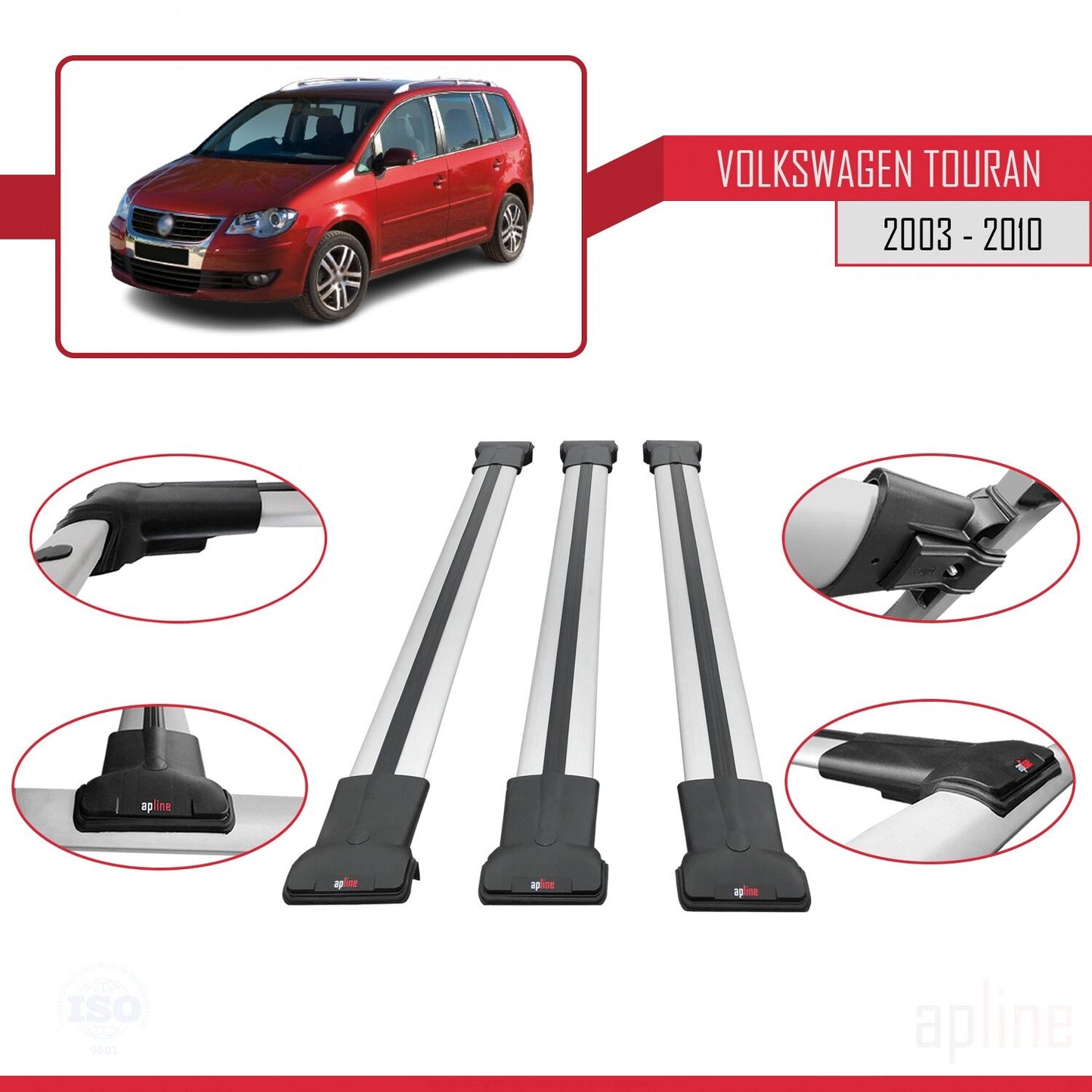 Compatible with Volkswagen Touran (1T) Pre-Facelift 2003-2010 FLY Model Car Roof Rack Cross Bar Grey Aluminium 3 Bars