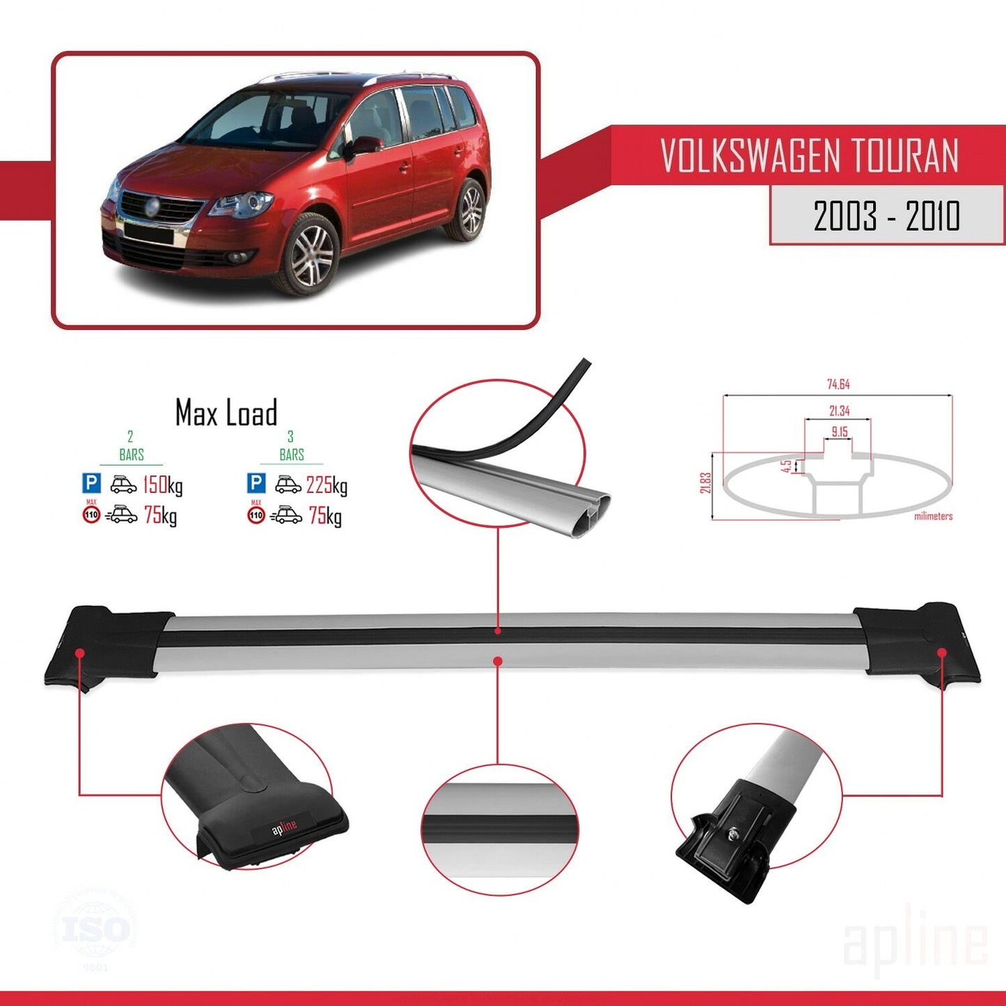 Compatible with Volkswagen Touran (1T) Pre-Facelift 2003-2010 FLY Model Car Roof Rack Cross Bar Grey Aluminium 2 Bars