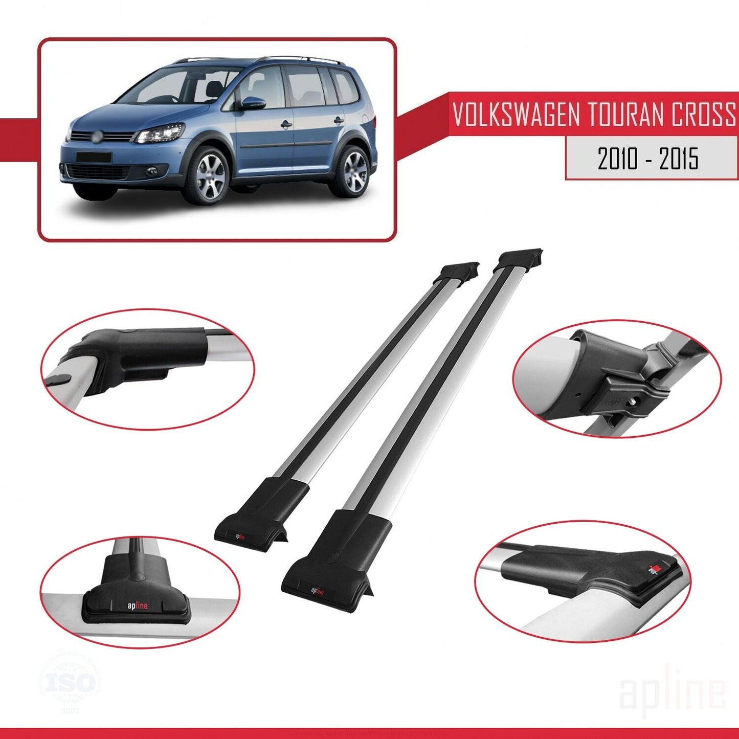 Compatible with Volkswagen Touran Cross Post-Facelift 2010-2015 FLY Model Car Roof Rack Cross Bar Grey Aluminium 2 Bars