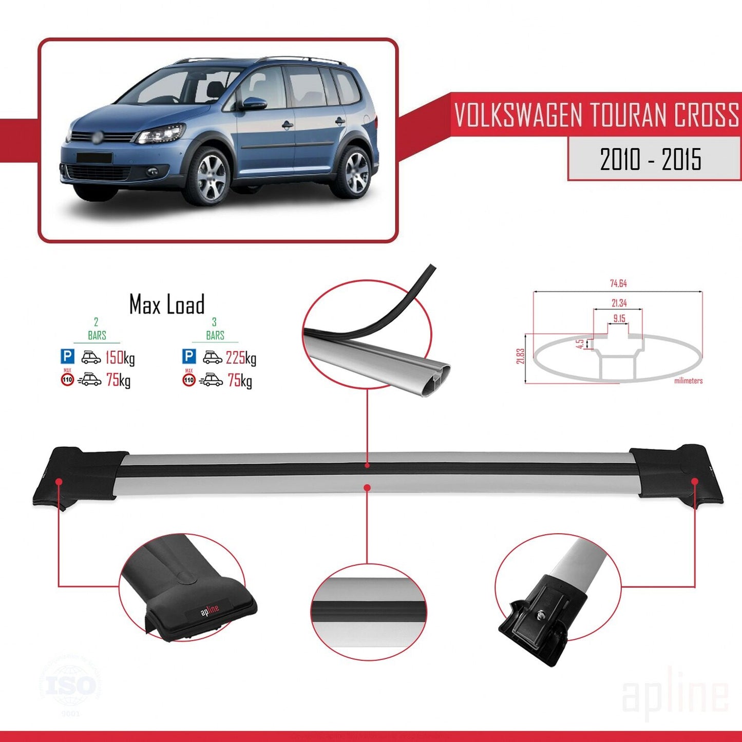 Compatible with Volkswagen Touran Cross Post-Facelift 2010-2015 FLY Model Car Roof Rack Cross Bar Grey Aluminium 2 Bars