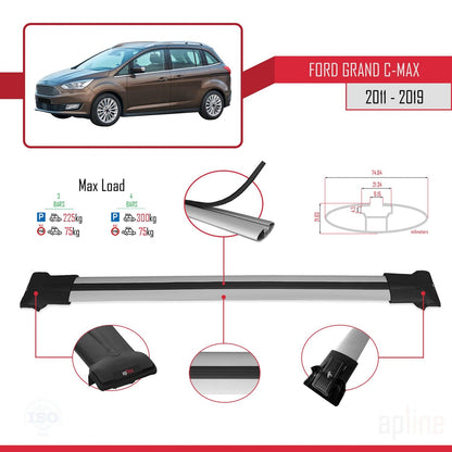 Compatible with Ford Grand C-Max (C344) 2011-2019 FLY Model Car Roof Rack Cross Bar Grey Aluminium 3 Bars