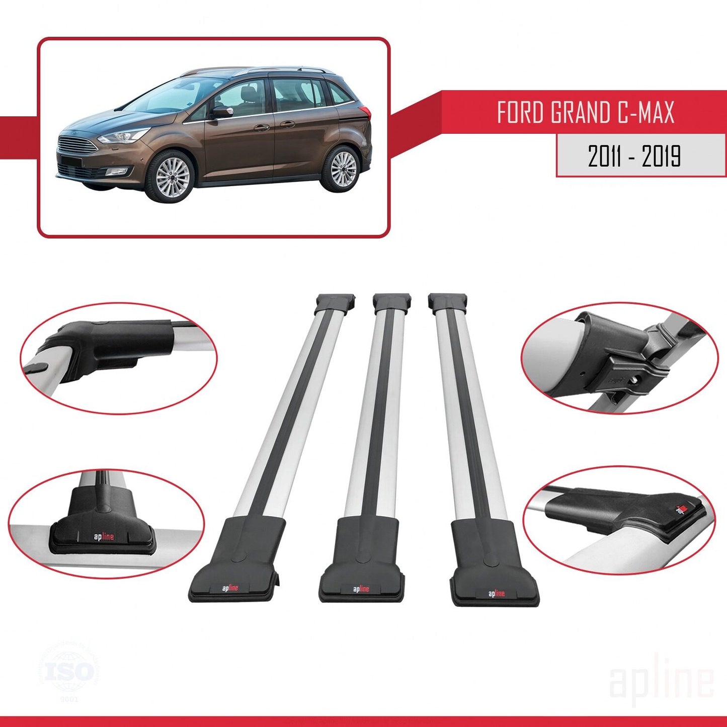 Compatible with Ford Grand C-Max (C344) 2011-2019 FLY Model Car Roof Rack Cross Bar Grey Aluminium 3 Bars