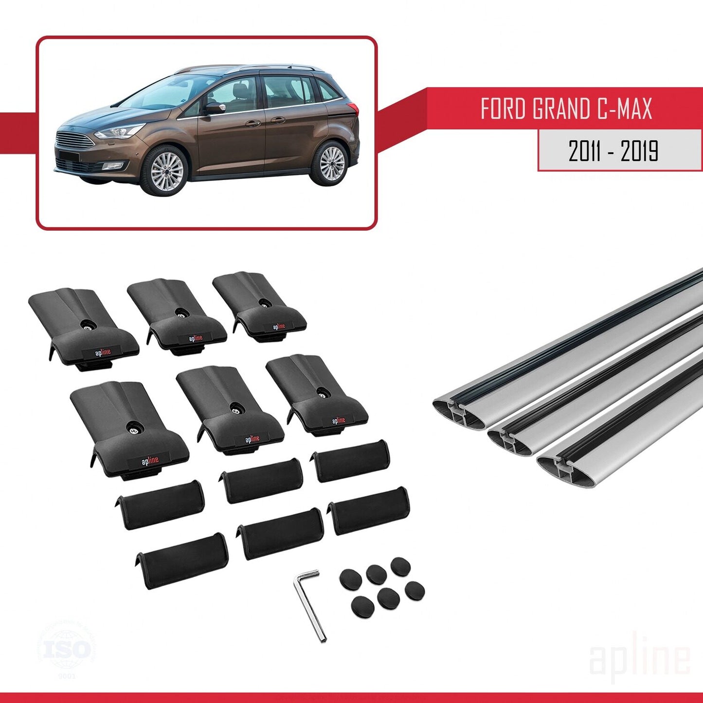 Compatible with Ford Grand C-Max (C344) 2011-2019 FLY Model Car Roof Rack Cross Bar Grey Aluminium 3 Bars