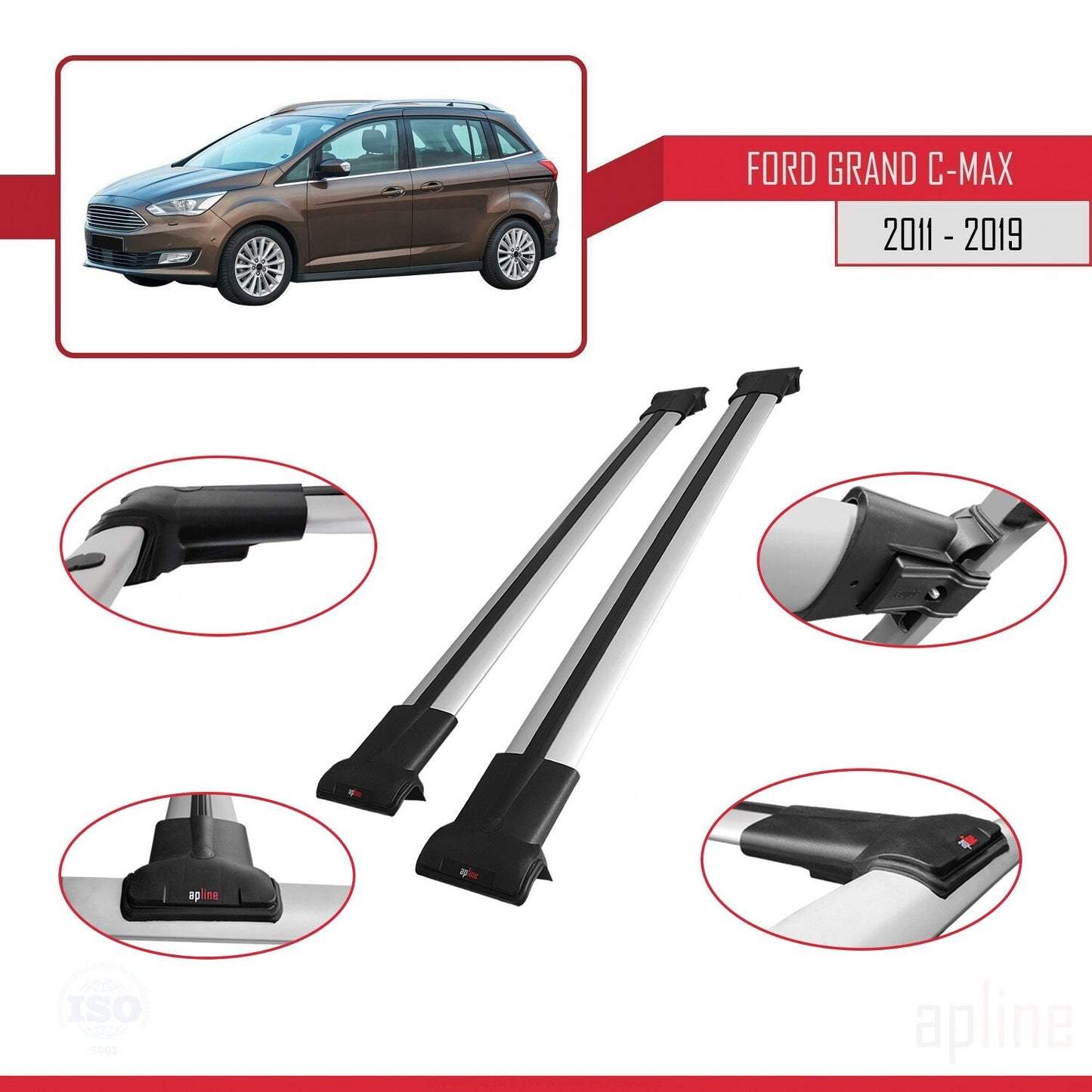 Compatible with Ford Grand C-Max (C344) 2011-2019 FLY Model Car Roof Rack Cross Bar Grey Aluminium 2 Bars