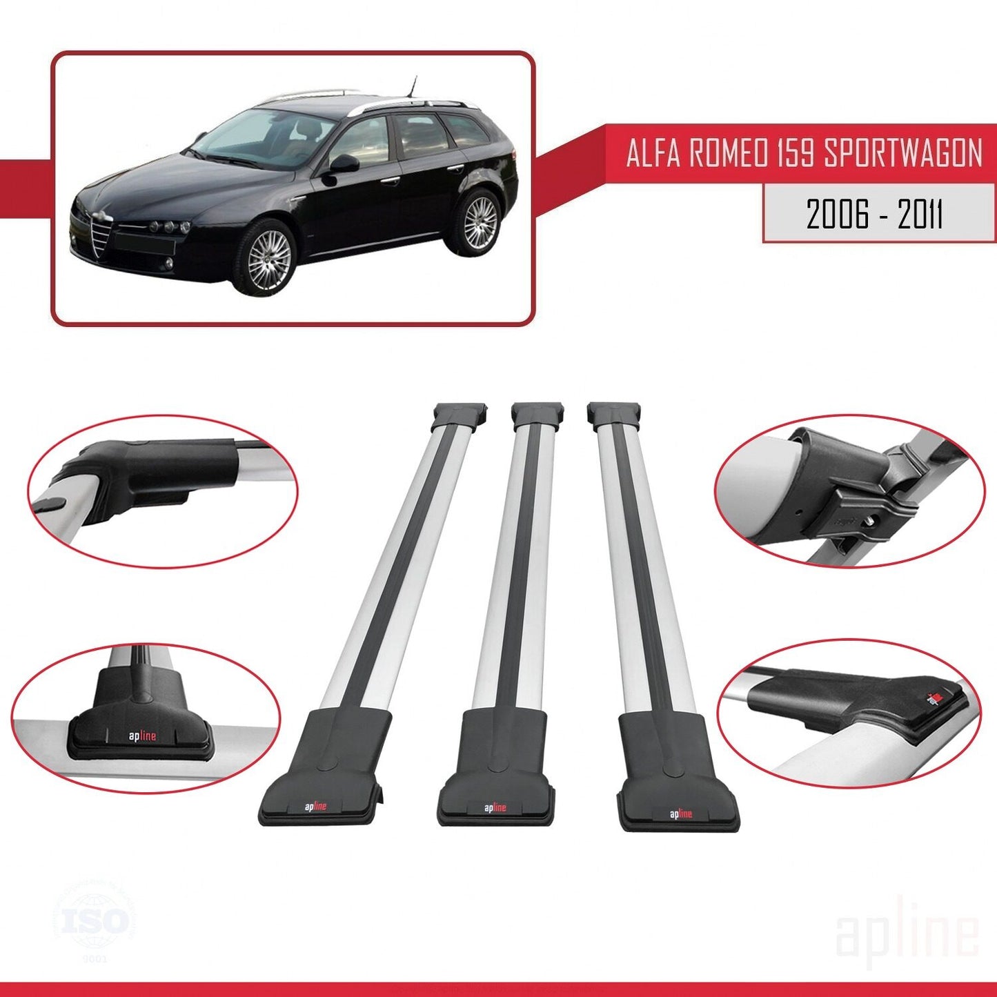 Compatible with Alfa Romeo 159 (T939) SW 2006-2011 FLY Model Car Roof Rack Cross Bar Grey Aluminium 3 Bars