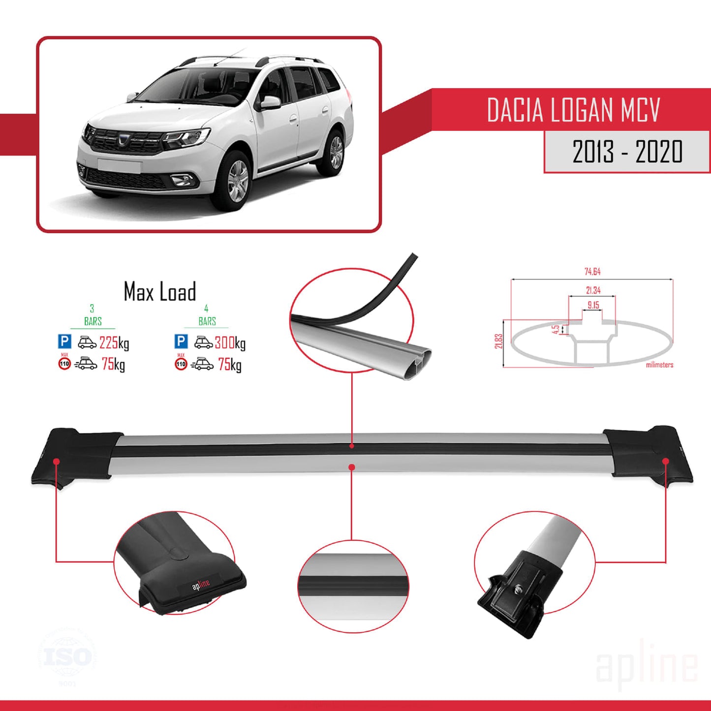 Compatible with Dacia Logan 2 MCV (K52) 2013-2020 FLY Model Car Roof Rack Cross Bar Grey Aluminium 3 Bars