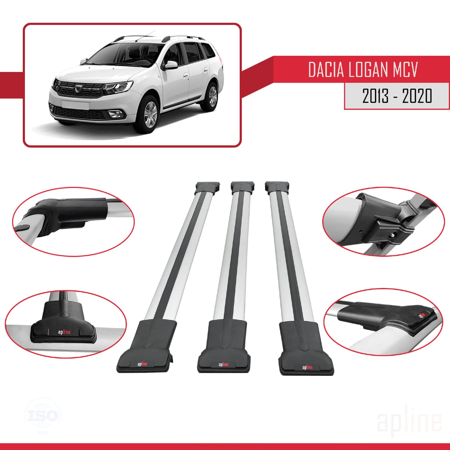 Compatible with Dacia Logan 2 MCV (K52) 2013-2020 FLY Model Car Roof Rack Cross Bar Grey Aluminium 3 Bars