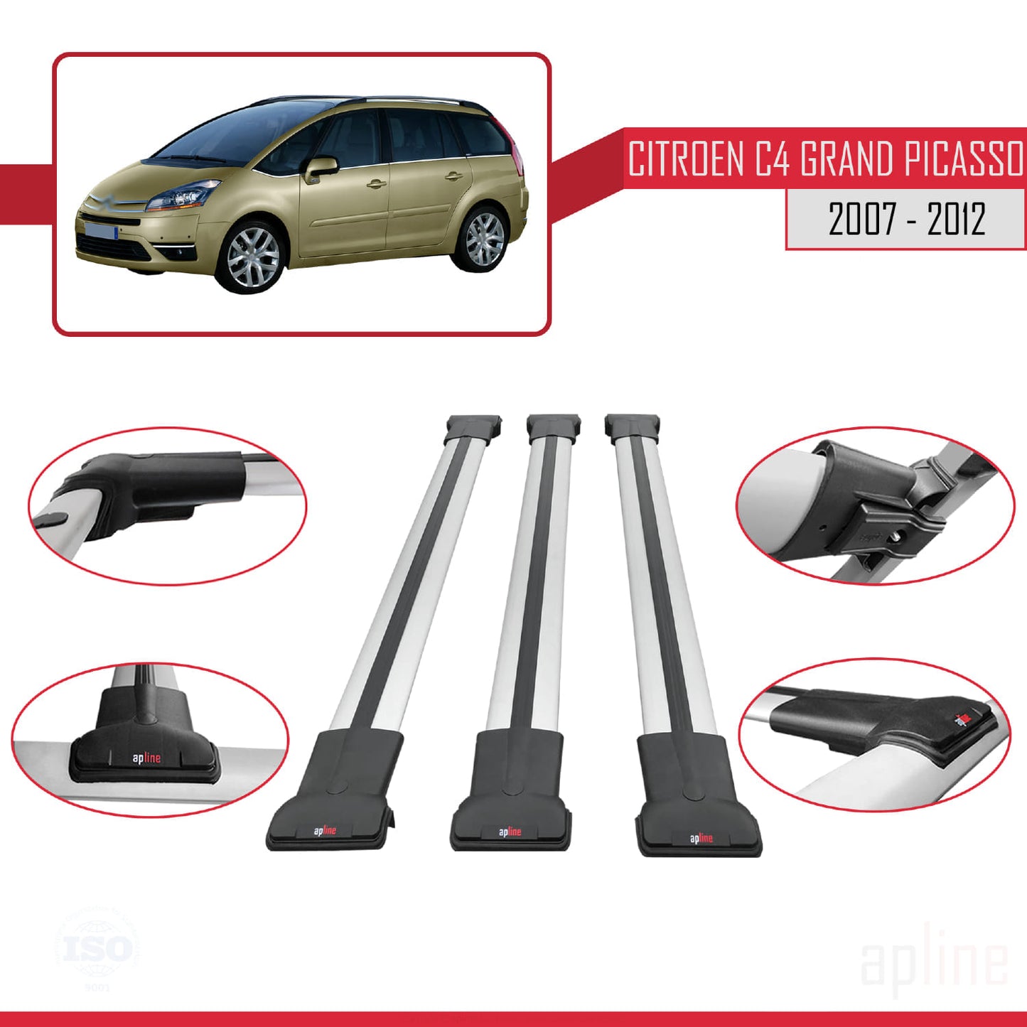 Compatible with Citroen Grand C4 Picasso 2007-2012 FLY Model Car Roof Rack Cross Bar Grey Aluminium 3 Bars