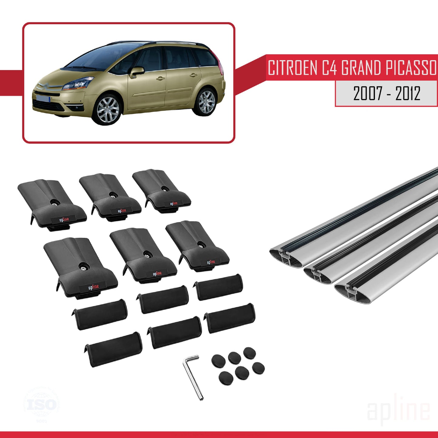 Compatible with Citroen Grand C4 Picasso 2007-2012 FLY Model Car Roof Rack Cross Bar Grey Aluminium 3 Bars