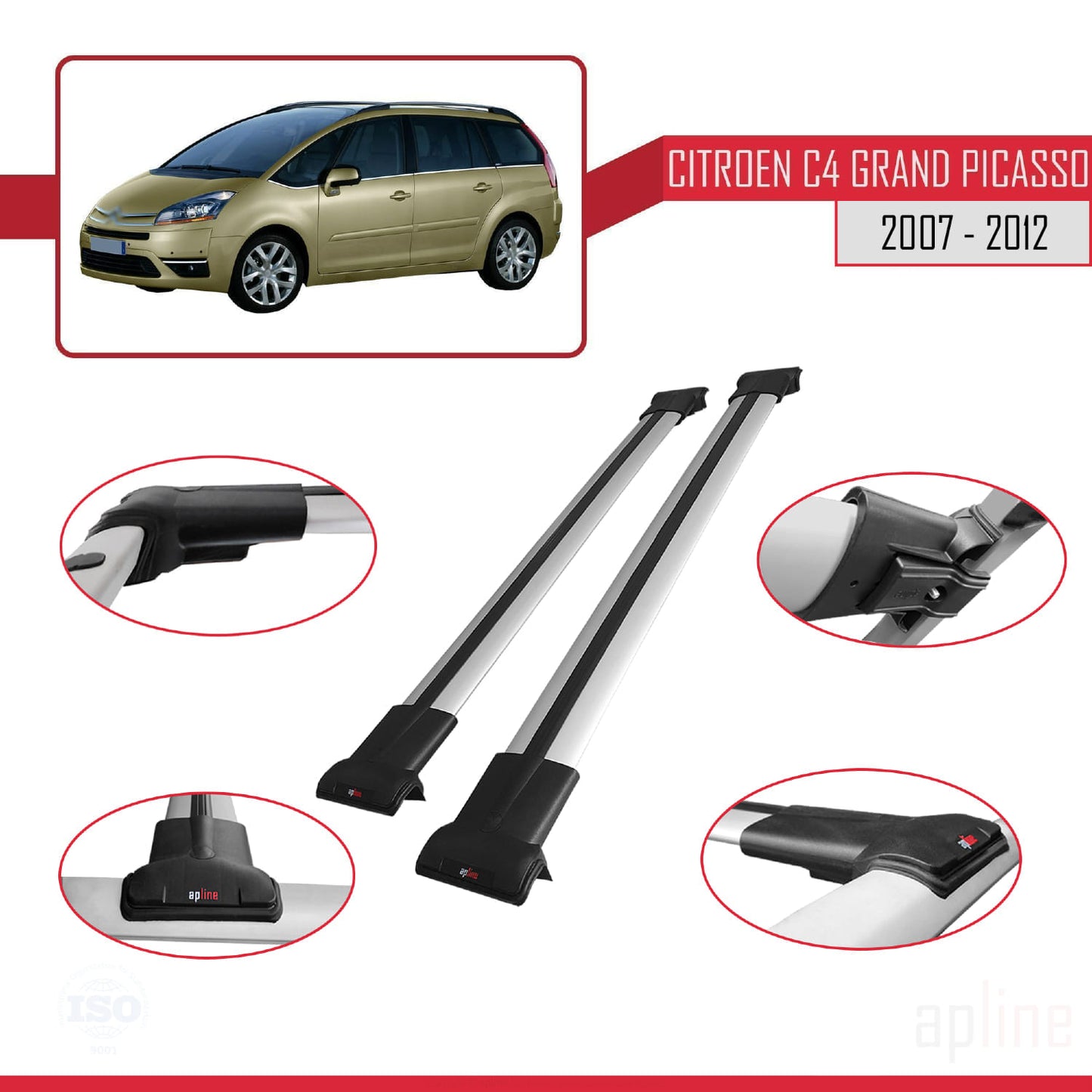 Compatible with Citroen Grand C4 Picasso 2007-2012 FLY Model Car Roof Rack Cross Bar Grey Aluminium 2 Bars