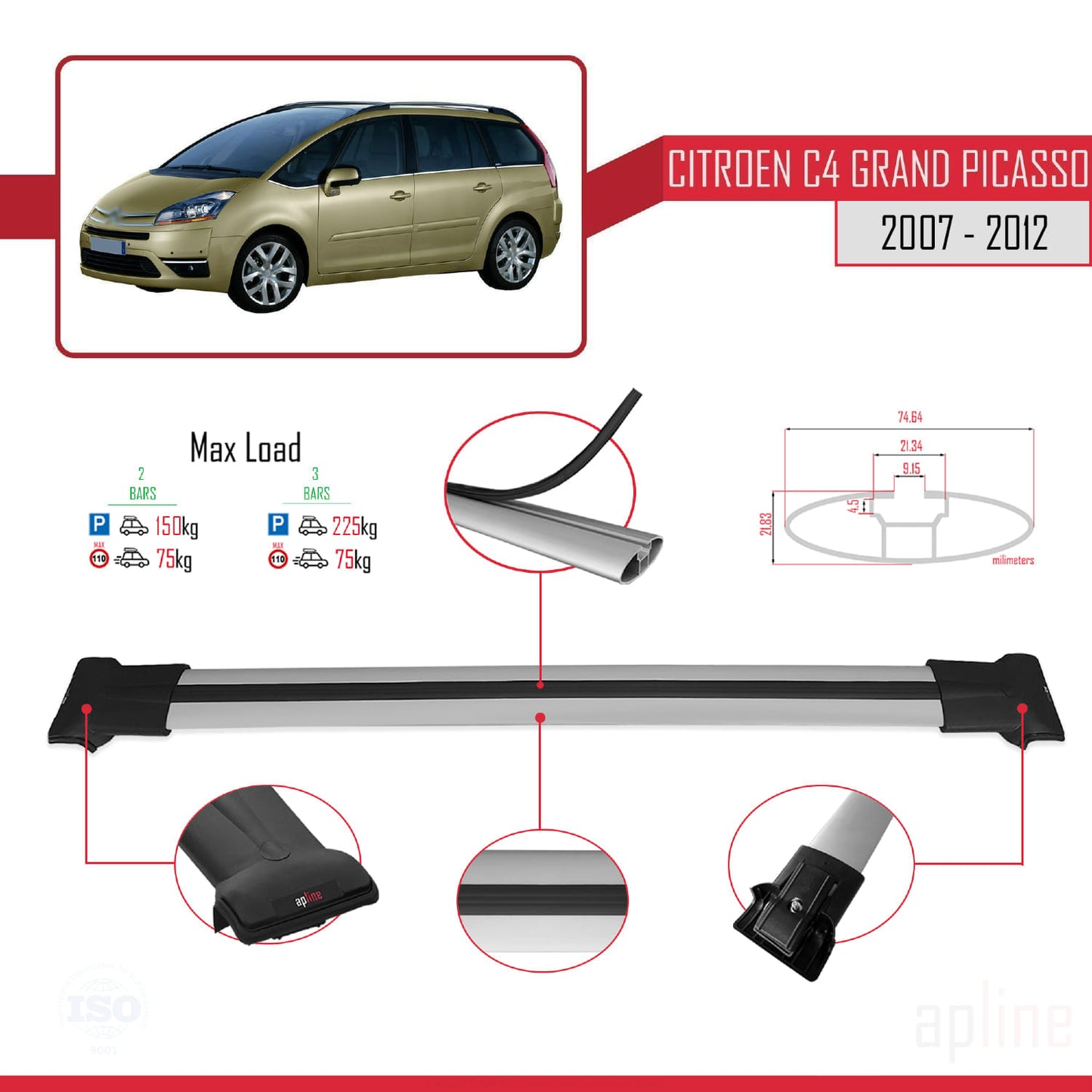 Compatible with Citroen Grand C4 Picasso 2007-2012 FLY Model Car Roof Rack Cross Bar Grey Aluminium 2 Bars