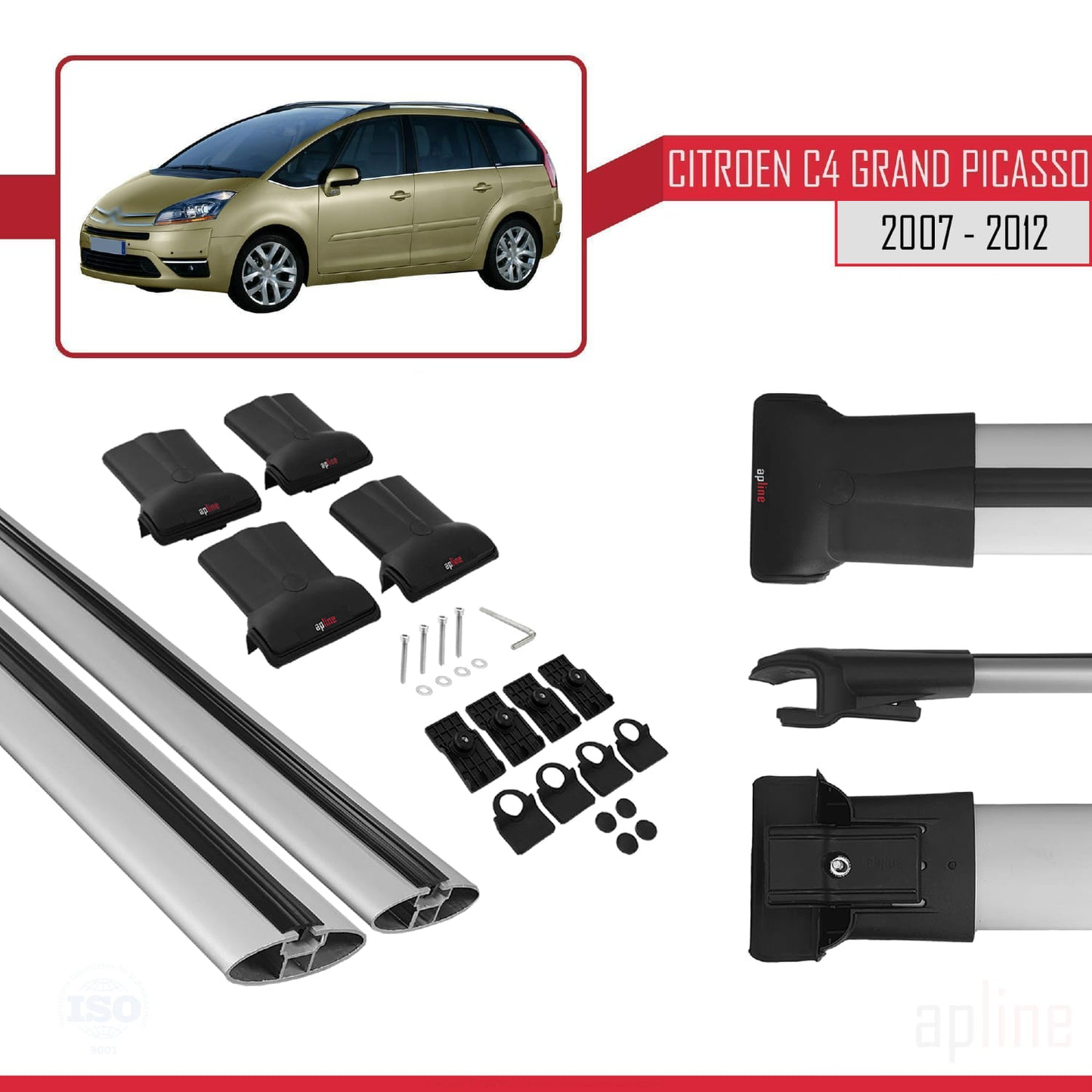 Compatible with Citroen Grand C4 Picasso 2007-2012 FLY Model Car Roof Rack Cross Bar Grey Aluminium 2 Bars