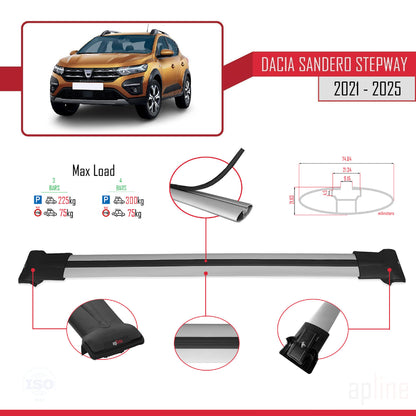 Compatible with Dacia Sandero Stepway 3 2021-2025 FLY Model Car Roof Rack Cross Bar Grey Aluminium 3 Bars