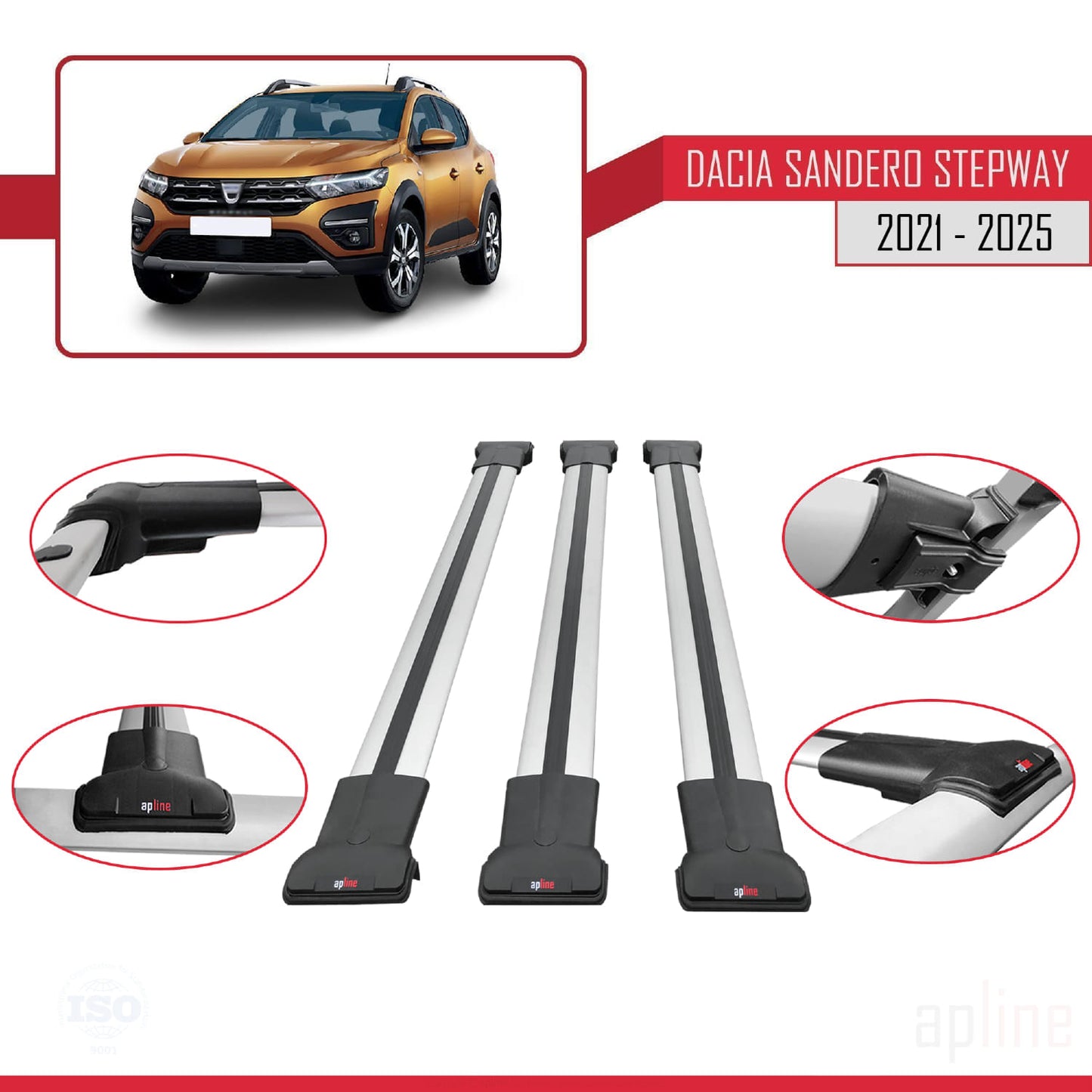 Compatible with Dacia Sandero Stepway 3 2021-2025 FLY Model Car Roof Rack Cross Bar Grey Aluminium 3 Bars