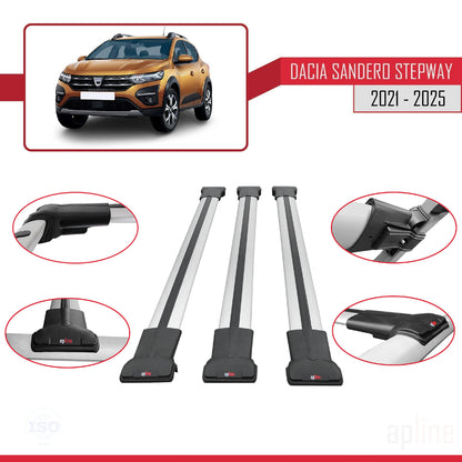 Compatible with Dacia Sandero Stepway 3 2021-2025 FLY Model Car Roof Rack Cross Bar Grey Aluminium 3 Bars