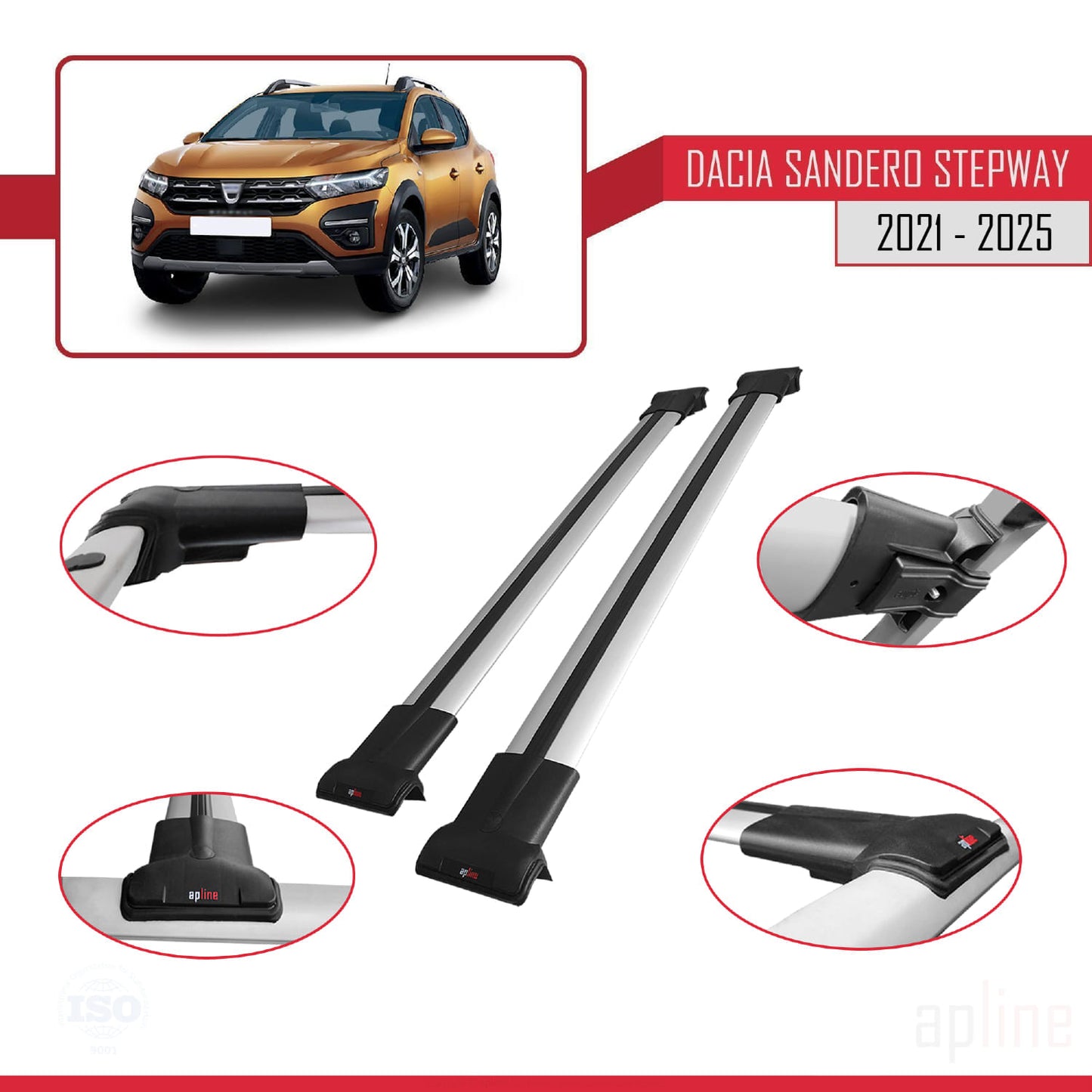 Compatible with Dacia Sandero Stepway 3 2021-2025 FLY Model Car Roof Rack Cross Bar Grey Aluminium 2 Bars