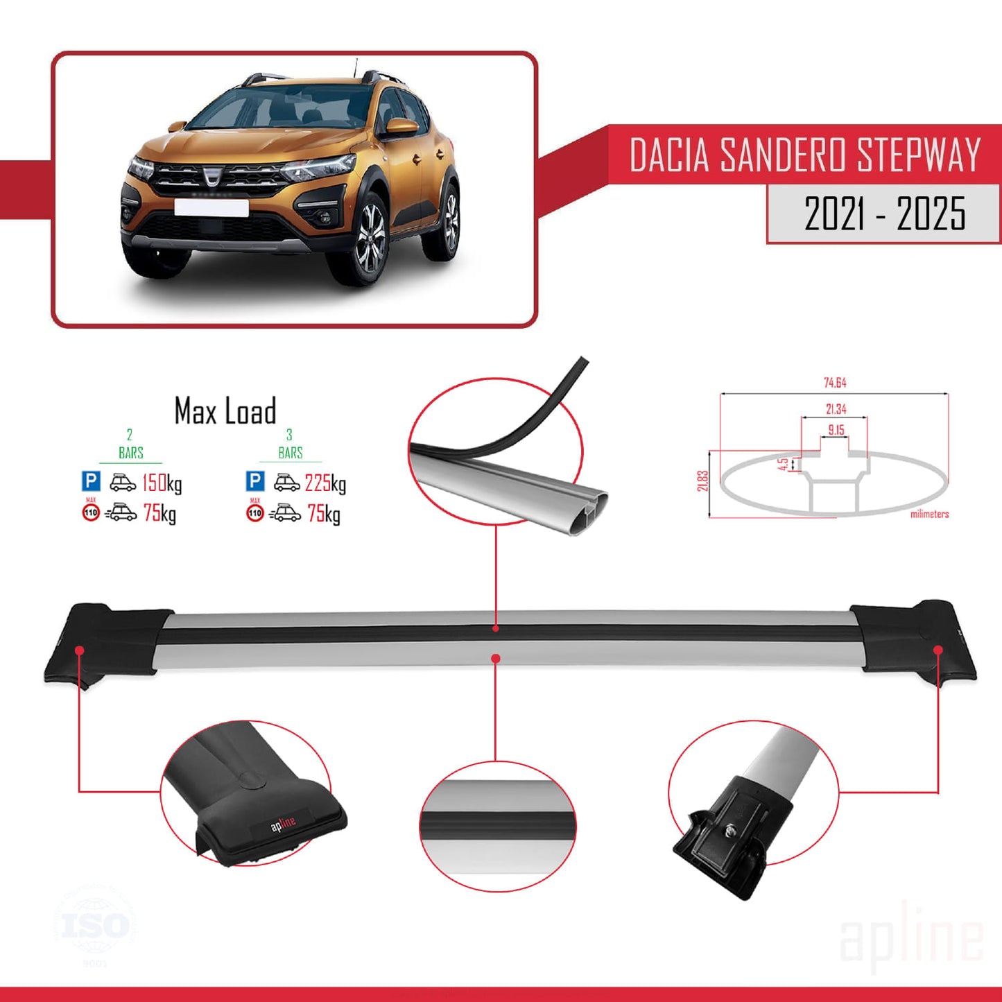Compatible with Dacia Sandero Stepway 3 2021-2025 FLY Model Car Roof Rack Cross Bar Grey Aluminium 2 Bars