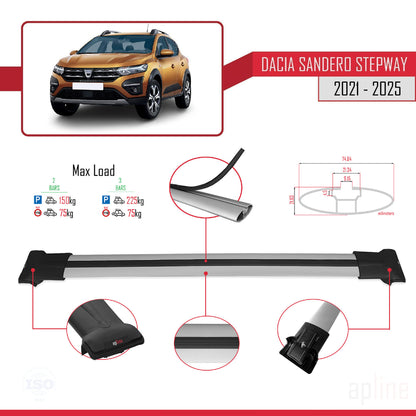 Compatible with Dacia Sandero Stepway 3 2021-2025 FLY Model Car Roof Rack Cross Bar Grey Aluminium 2 Bars