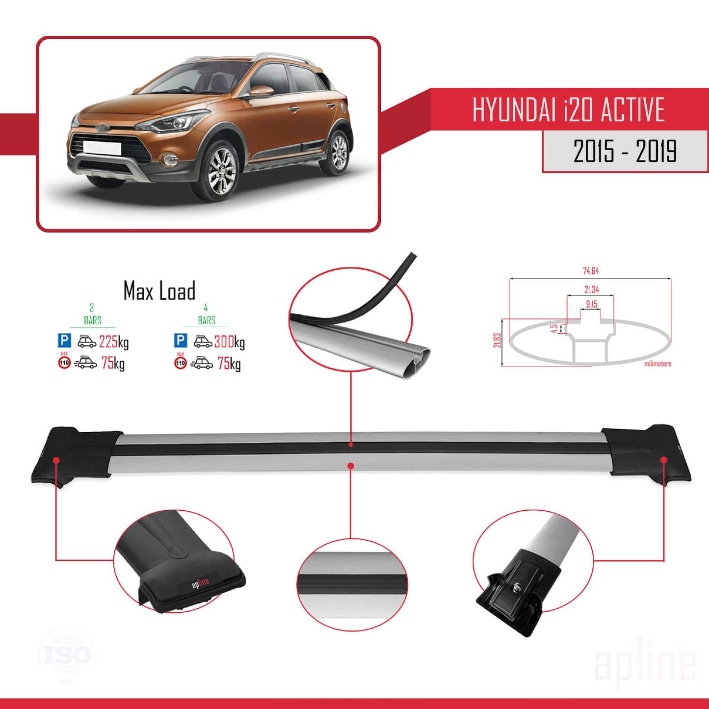 Compatible with Hyundai i20 II Active 2015-2019 FLY Model Car Roof Rack Cross Bar Grey Aluminium 3 Bars
