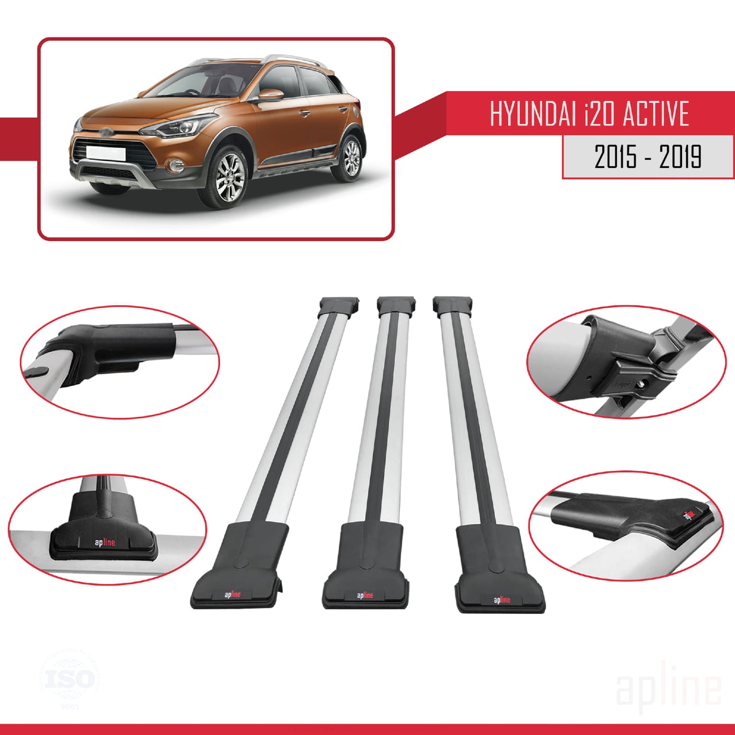 Compatible with Hyundai i20 II Active 2015-2019 FLY Model Car Roof Rack Cross Bar Grey Aluminium 3 Bars