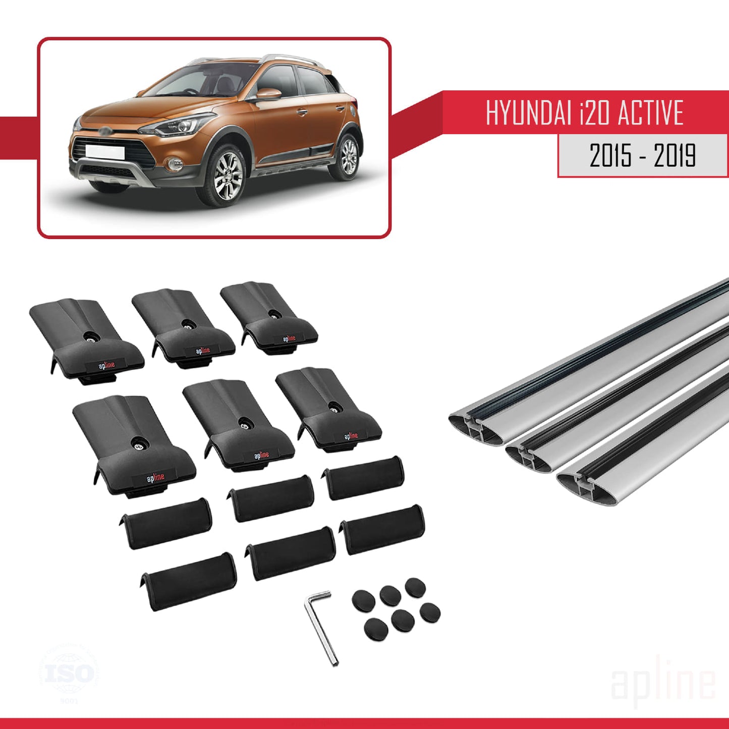 Compatible with Hyundai i20 II Active 2015-2019 FLY Model Car Roof Rack Cross Bar Grey Aluminium 3 Bars