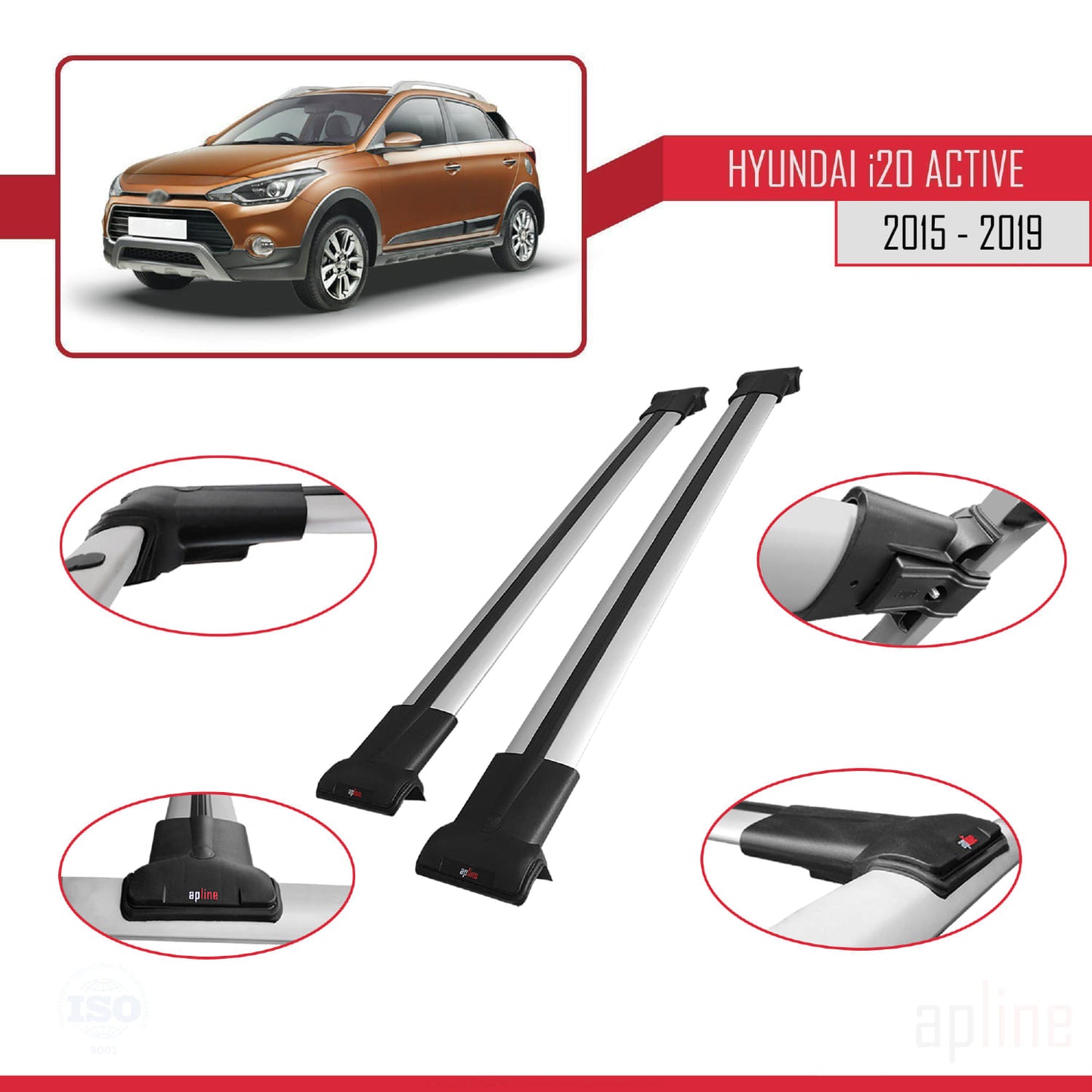 Compatible with Hyundai i20 II Active 2015-2019 FLY Model Car Roof Rack Cross Bar Grey Aluminium 2 Bars
