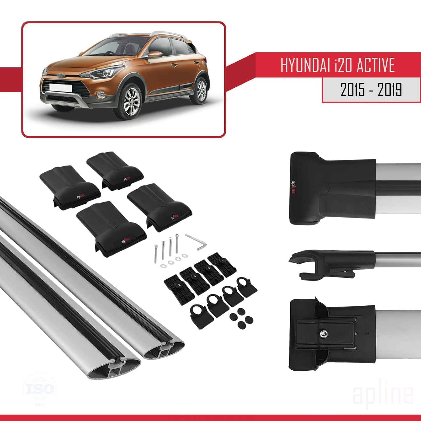 Compatible with Hyundai i20 II Active 2015-2019 FLY Model Car Roof Rack Cross Bar Grey Aluminium 2 Bars
