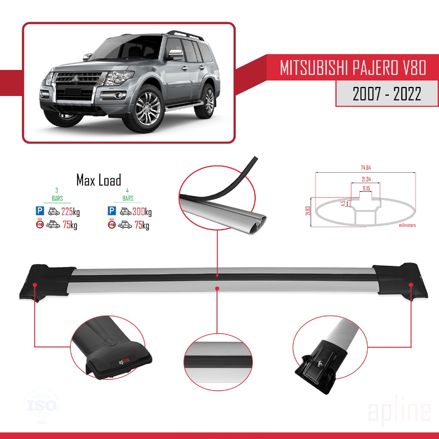 Compatible with Mitsubishi Pajero (V80) 2007-2022 FLY Model Car Roof Rack Cross Bar Grey Aluminium 3 Bars