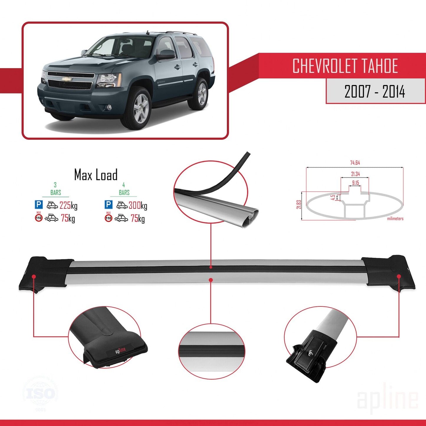 Compatible with Chevrolet Tahoe 3 2007-2014 FLY Model Car Roof Rack Cross Bar Grey Aluminium 3 Bars