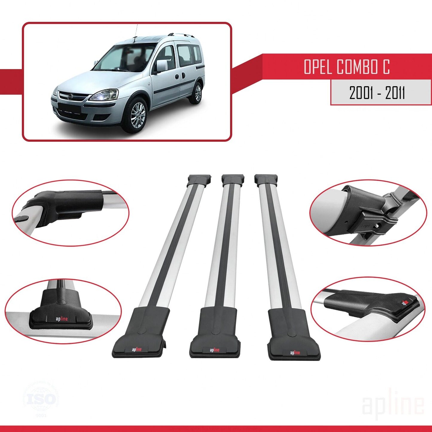 Compatible with Opel Combo C 2001-2011 FLY Model Car Roof Rack Cross Bar Grey Aluminium 3 Bars