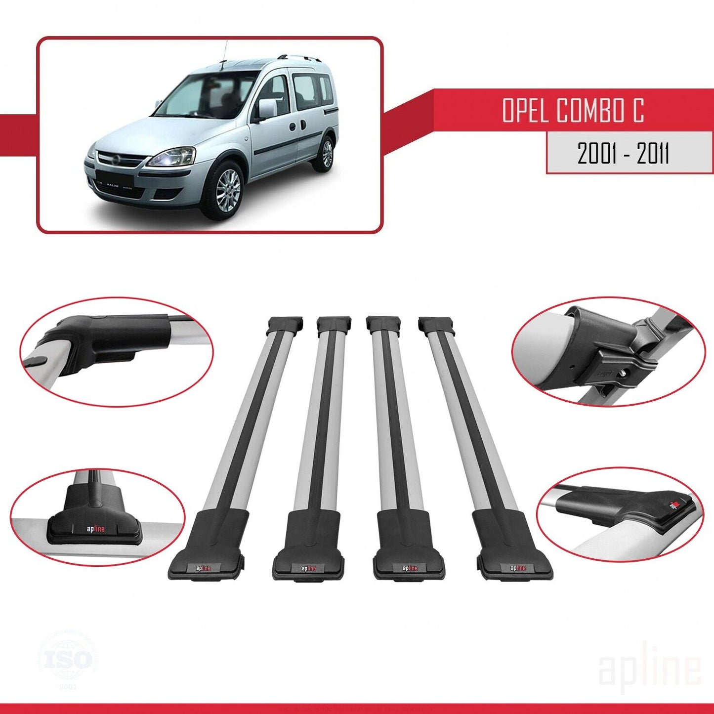 Compatible with Opel Combo C 2001-2011 FLY Model Car Roof Rack Cross Bar Grey Aluminium 4 Bars