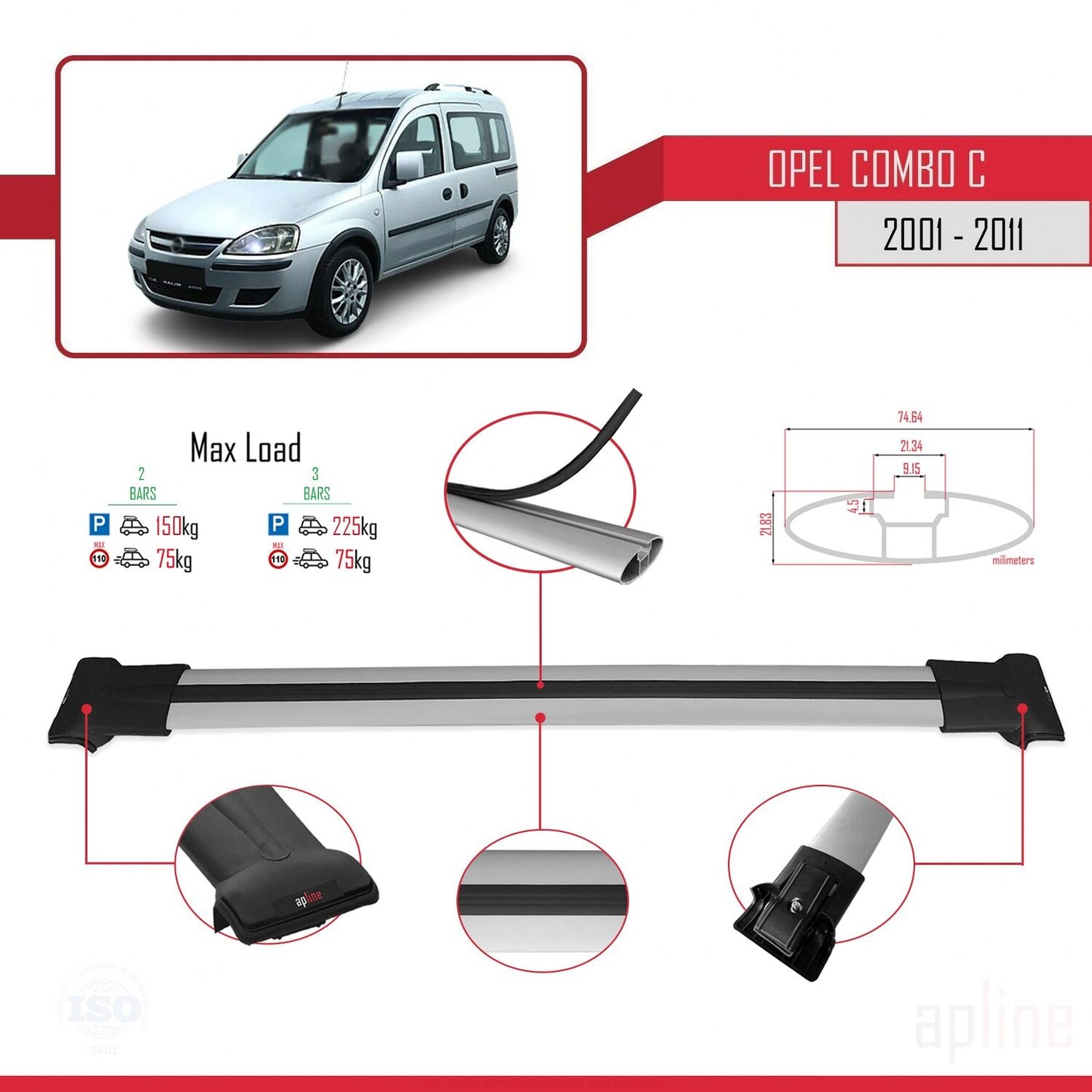 Compatible with Opel Combo C 2001-2011 FLY Model Car Roof Rack Cross Bar Grey Aluminium 2 Bars