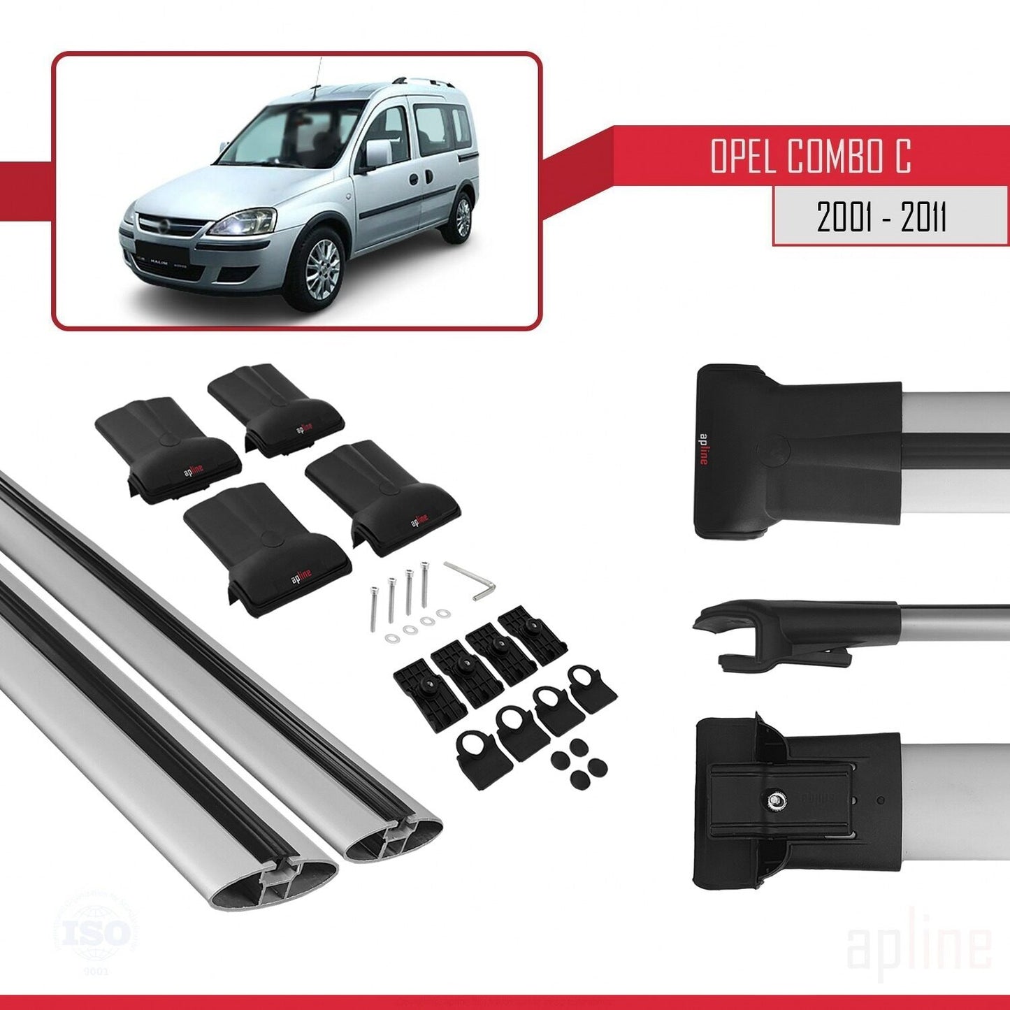 Compatible with Opel Combo C 2001-2011 FLY Model Car Roof Rack Cross Bar Grey Aluminium 2 Bars