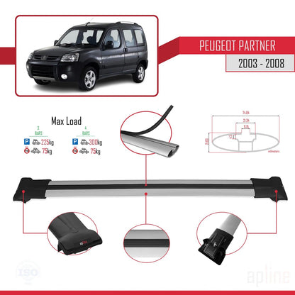 Compatible with Peugeot Partner Post-Facelift 2003-2008 FLY Model Car Roof Rack Cross Bar Grey Aluminium 3 Bars