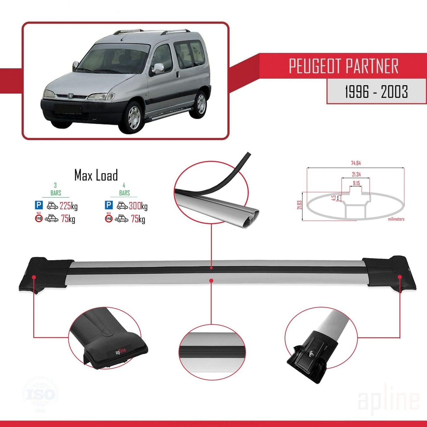Compatible with Peugeot Partner Pre-Facelift 1996-2003 FLY Model Car Roof Rack Cross Bar Grey Aluminium 4 Bars