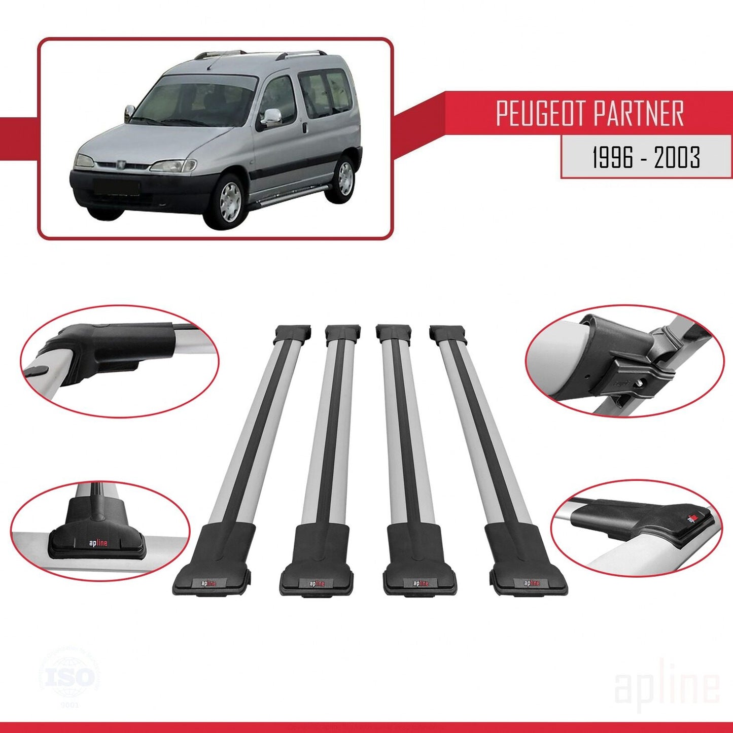 Compatible with Peugeot Partner Pre-Facelift 1996-2003 FLY Model Car Roof Rack Cross Bar Grey Aluminium 4 Bars
