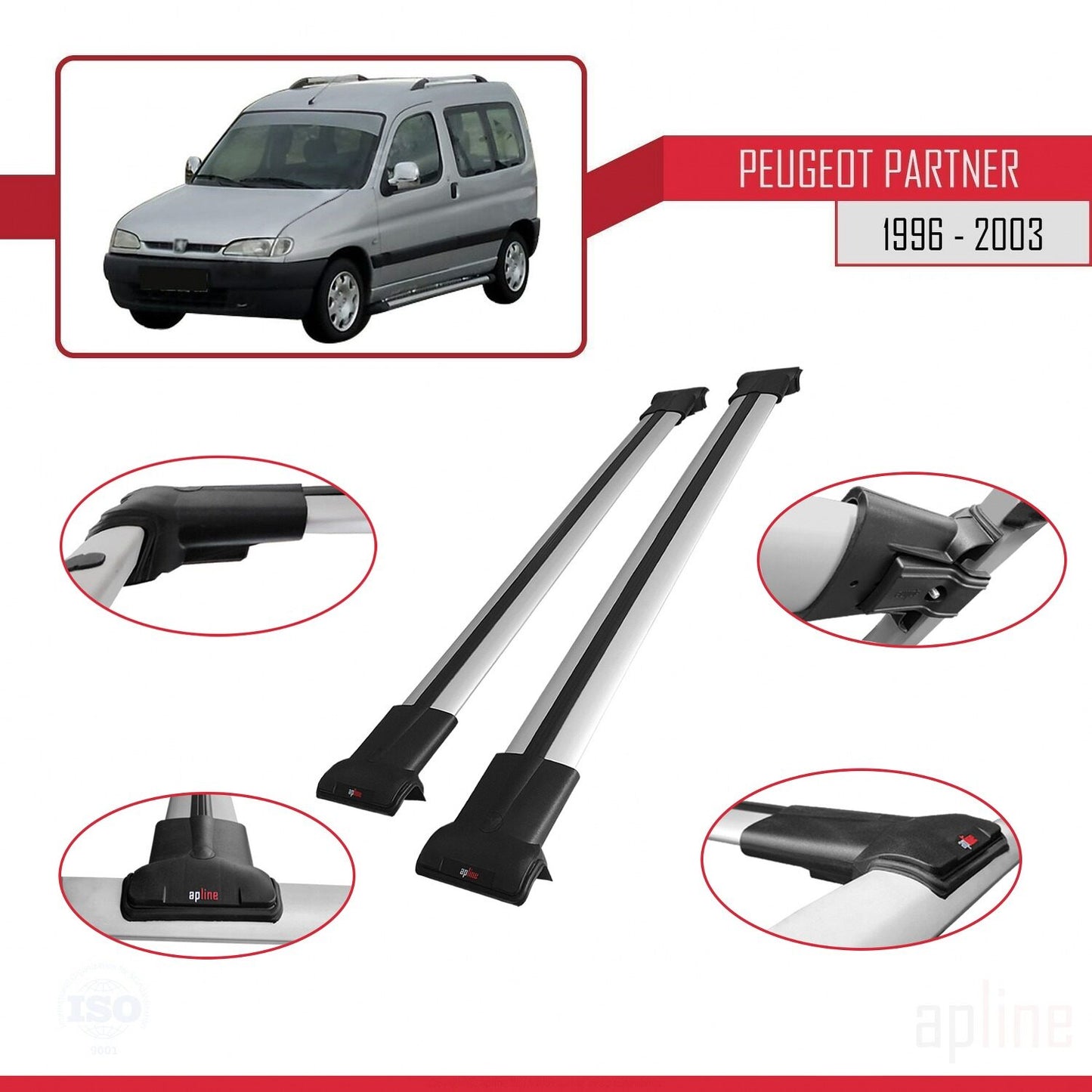 Compatible with Peugeot Partner Pre-Facelift 1996-2003 FLY Model Car Roof Rack Cross Bar Grey Aluminium 2 Bars