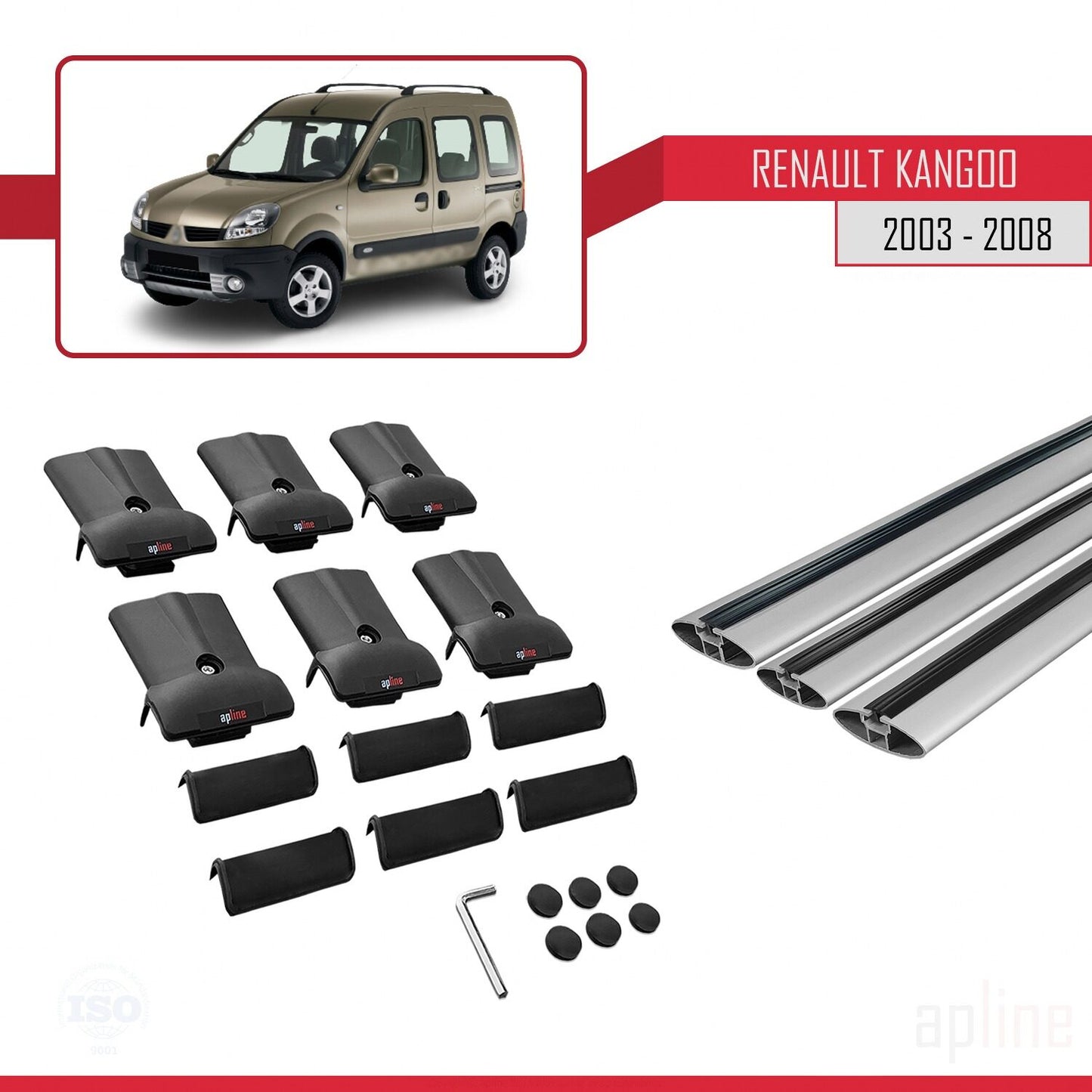 Compatible with Renault Kangoo (X76) Post-Facelift 2003-2008 FLY Model Car Roof Rack Cross Bar Grey Aluminium 3 Bars