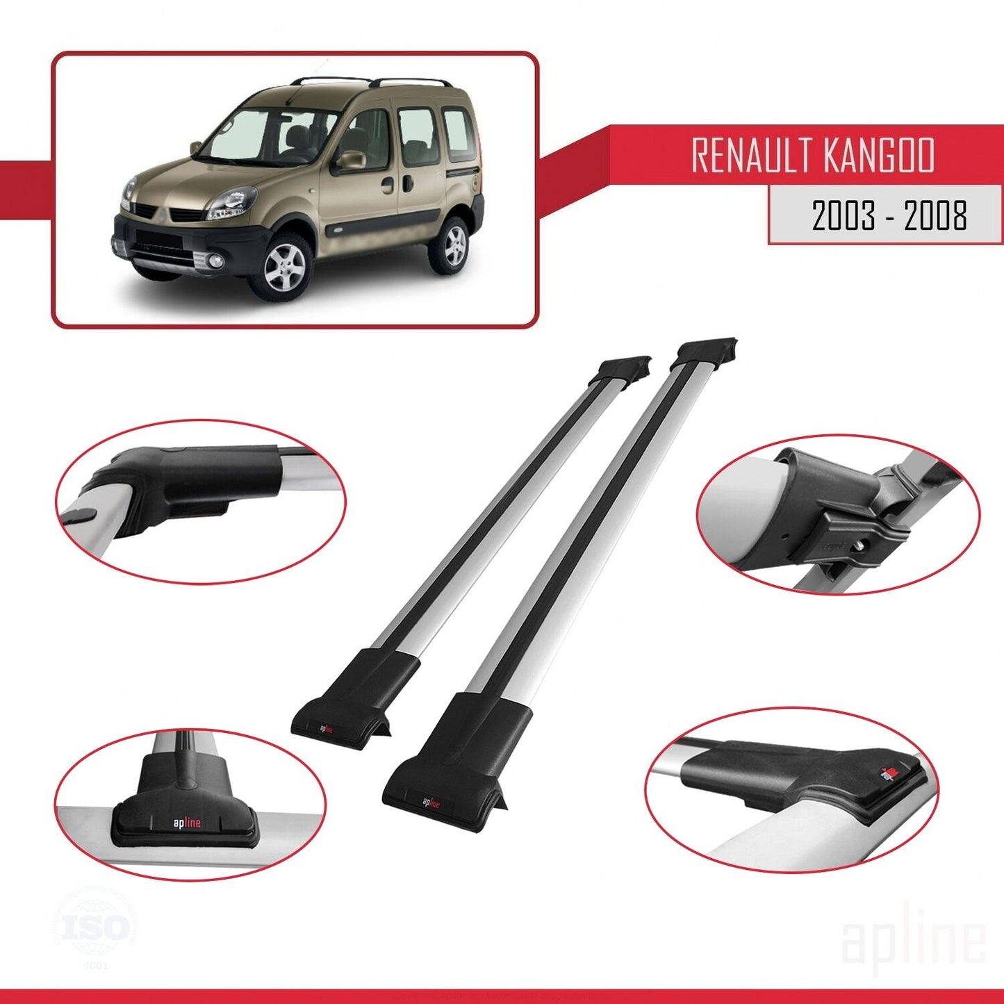 Compatible with Renault Kangoo (X76) Post-Facelift 2003-2008 FLY Model Car Roof Rack Cross Bar Grey Aluminium 2 Bars