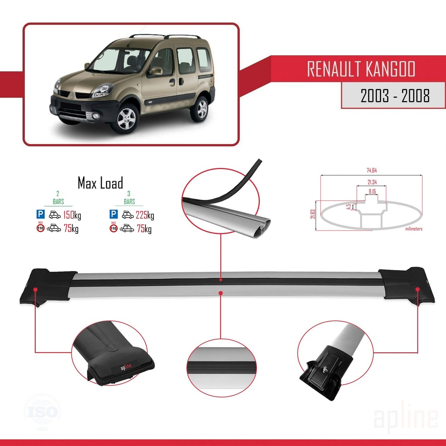 Compatible with Renault Kangoo (X76) Post-Facelift 2003-2008 FLY Model Car Roof Rack Cross Bar Grey Aluminium 2 Bars
