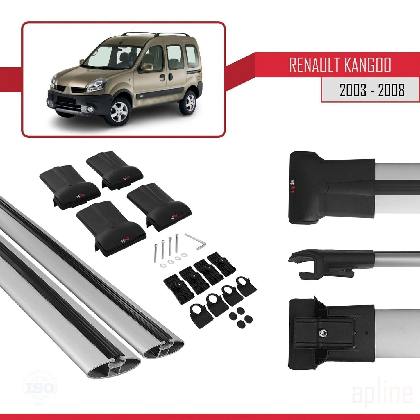 Compatible with Renault Kangoo (X76) Post-Facelift 2003-2008 FLY Model Car Roof Rack Cross Bar Grey Aluminium 2 Bars