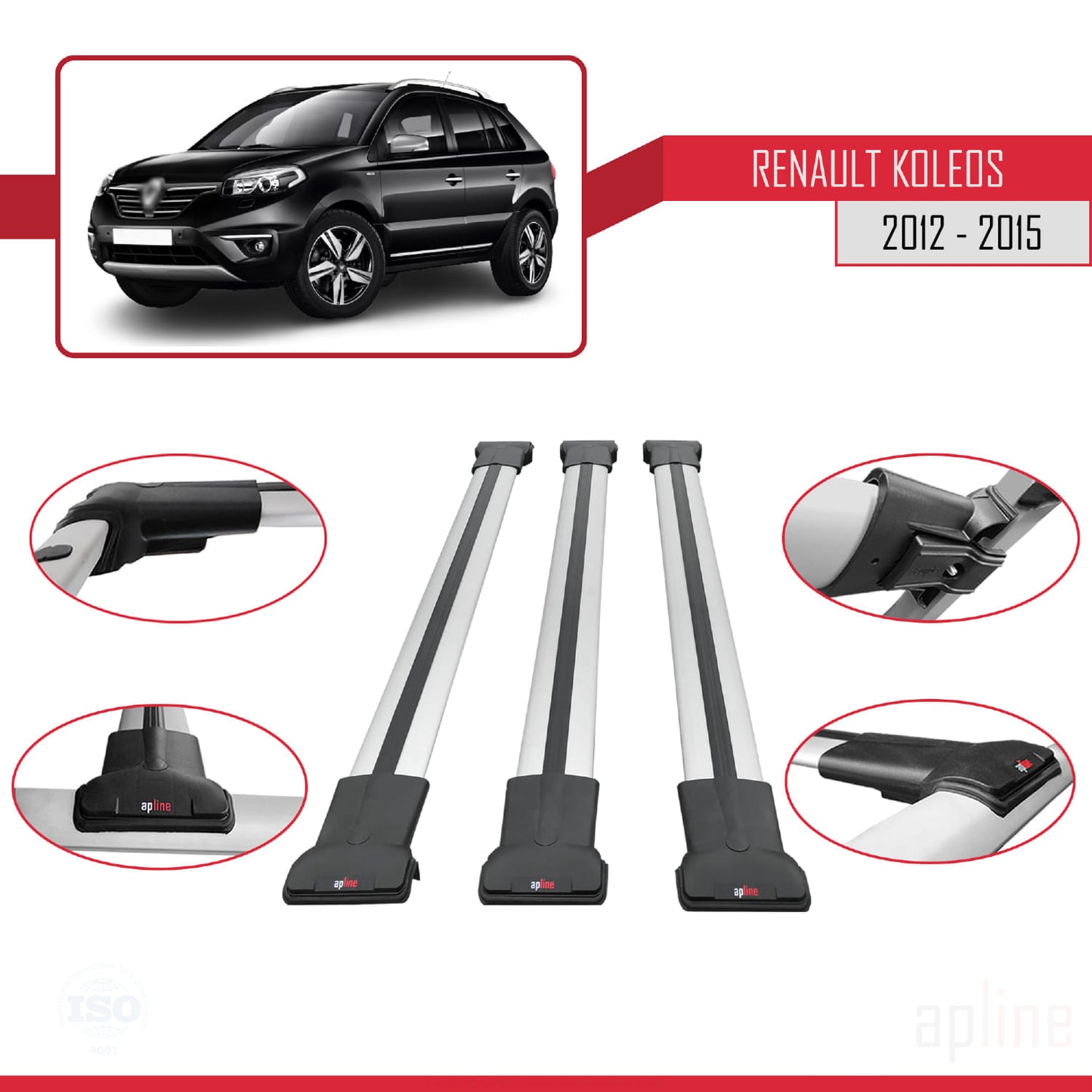 Compatible with Renault Koleos (HY) Post-Facelift 2012-2015 FLY Model Car Roof Rack Cross Bar Grey Aluminium 3 Bars