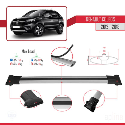 Compatible with Renault Koleos (HY) Post-Facelift 2012-2015 FLY Model Car Roof Rack Cross Bar Grey Aluminium 2 Bars