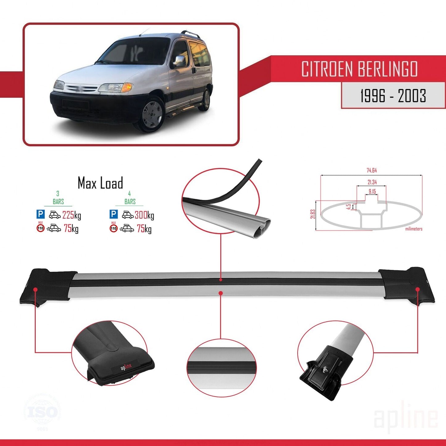 Compatible with Citroen Berlingo (M49) 1996-2003 FLY Model Car Roof Rack Cross Bar Grey Aluminium 4 Bars