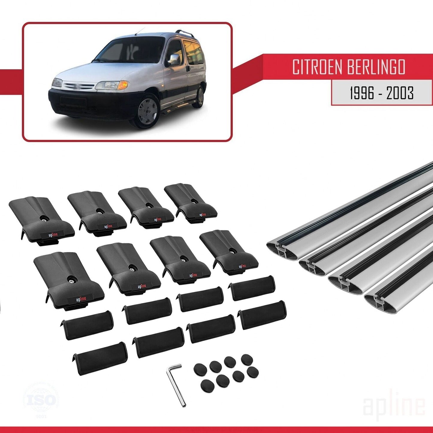 Compatible with Citroen Berlingo (M49) 1996-2003 FLY Model Car Roof Rack Cross Bar Grey Aluminium 4 Bars