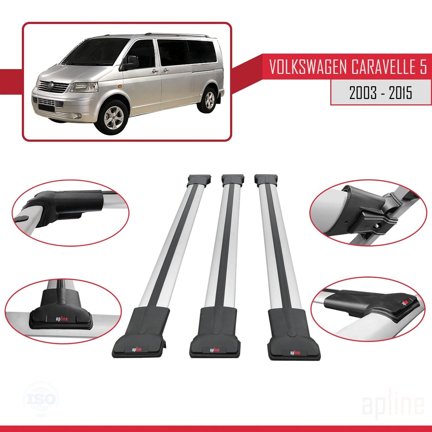 Compatible with Volkswagen T5 Caravelle 2003-2015 FLY Model Car Roof Rack Cross Bar Grey Aluminium 3 Bars