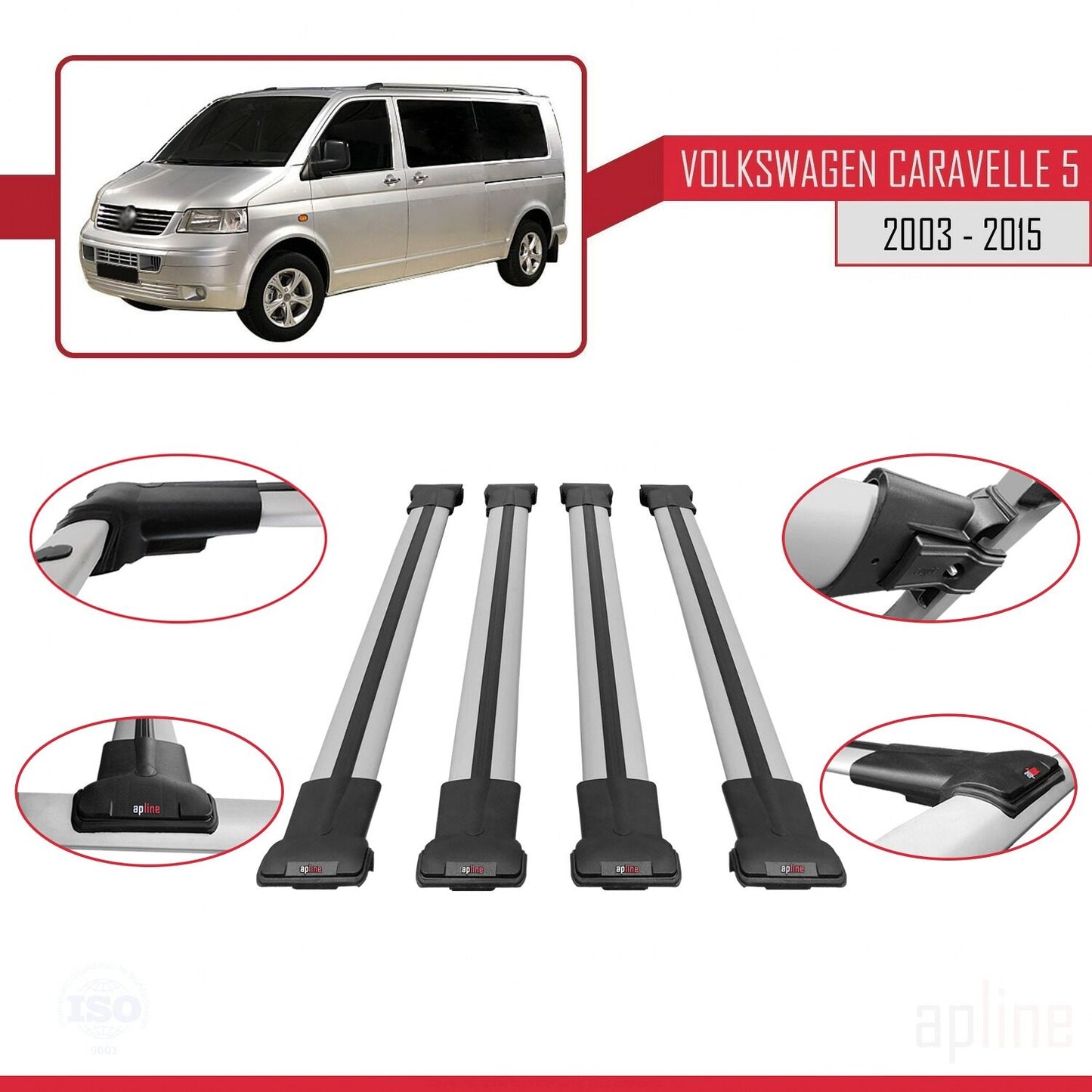Compatible with Volkswagen T5 Caravelle 2003-2015 FLY Model Car Roof Rack Cross Bar Grey Aluminium 4 Bars