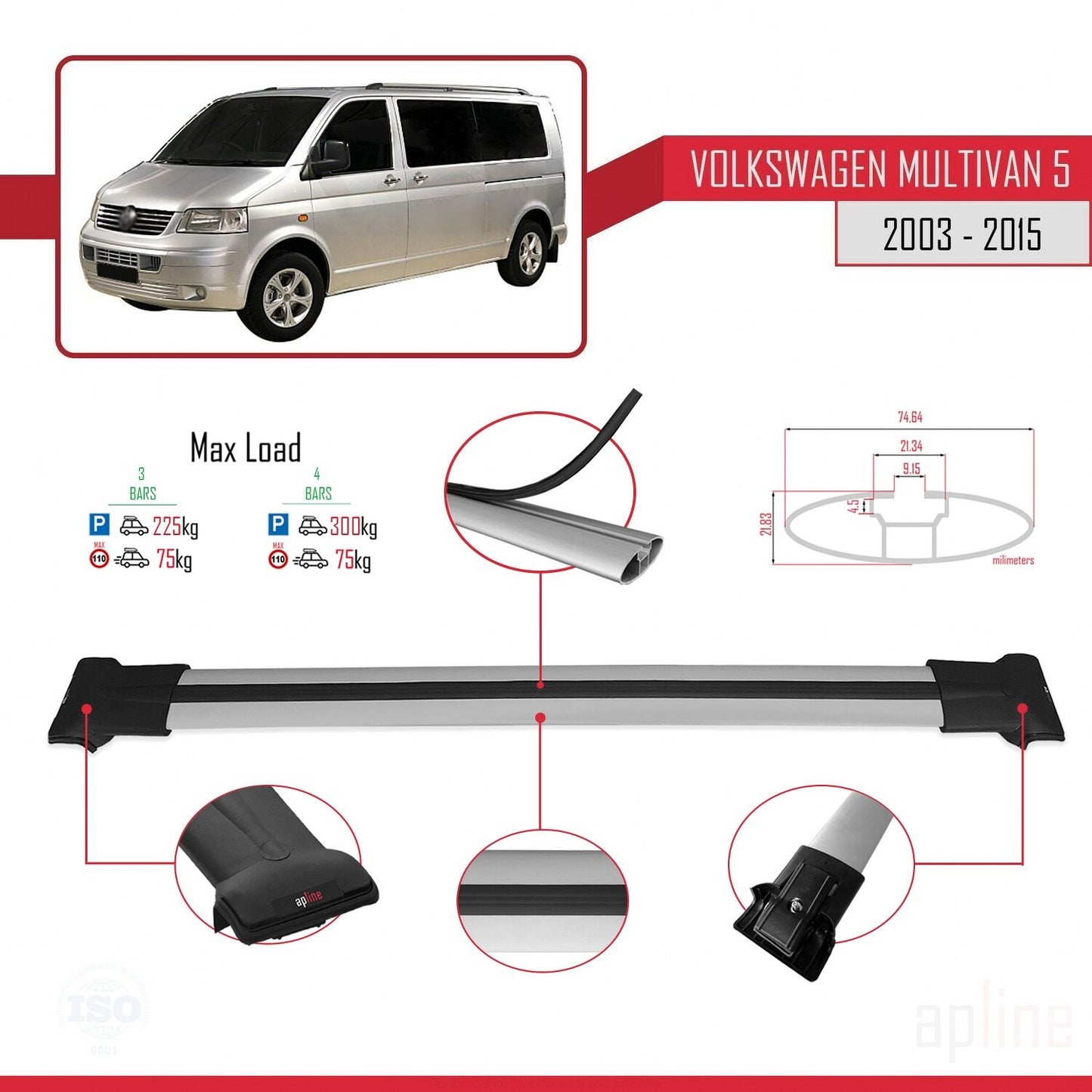Compatible with Volkswagen T5 Multivan 2003-2015 FLY Model Car Roof Rack Cross Bar Grey Aluminium 4 Bars